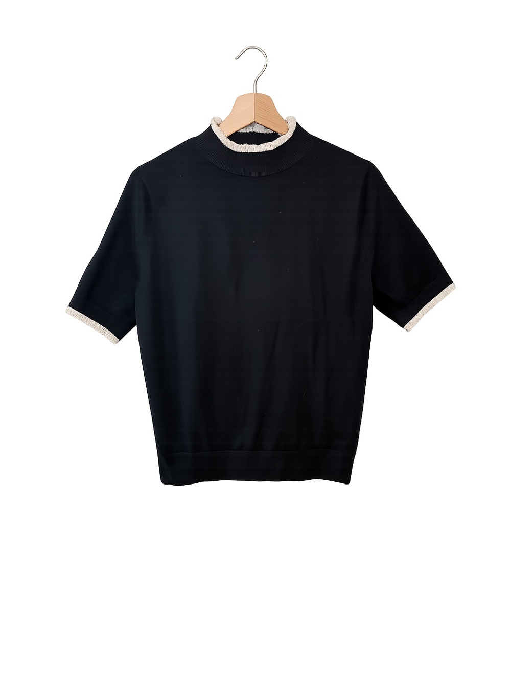 La Vila Milano Black Mock Neck Knit Sweater Top Lace Trim Short Sleeve Size M - Picture 2 of 11